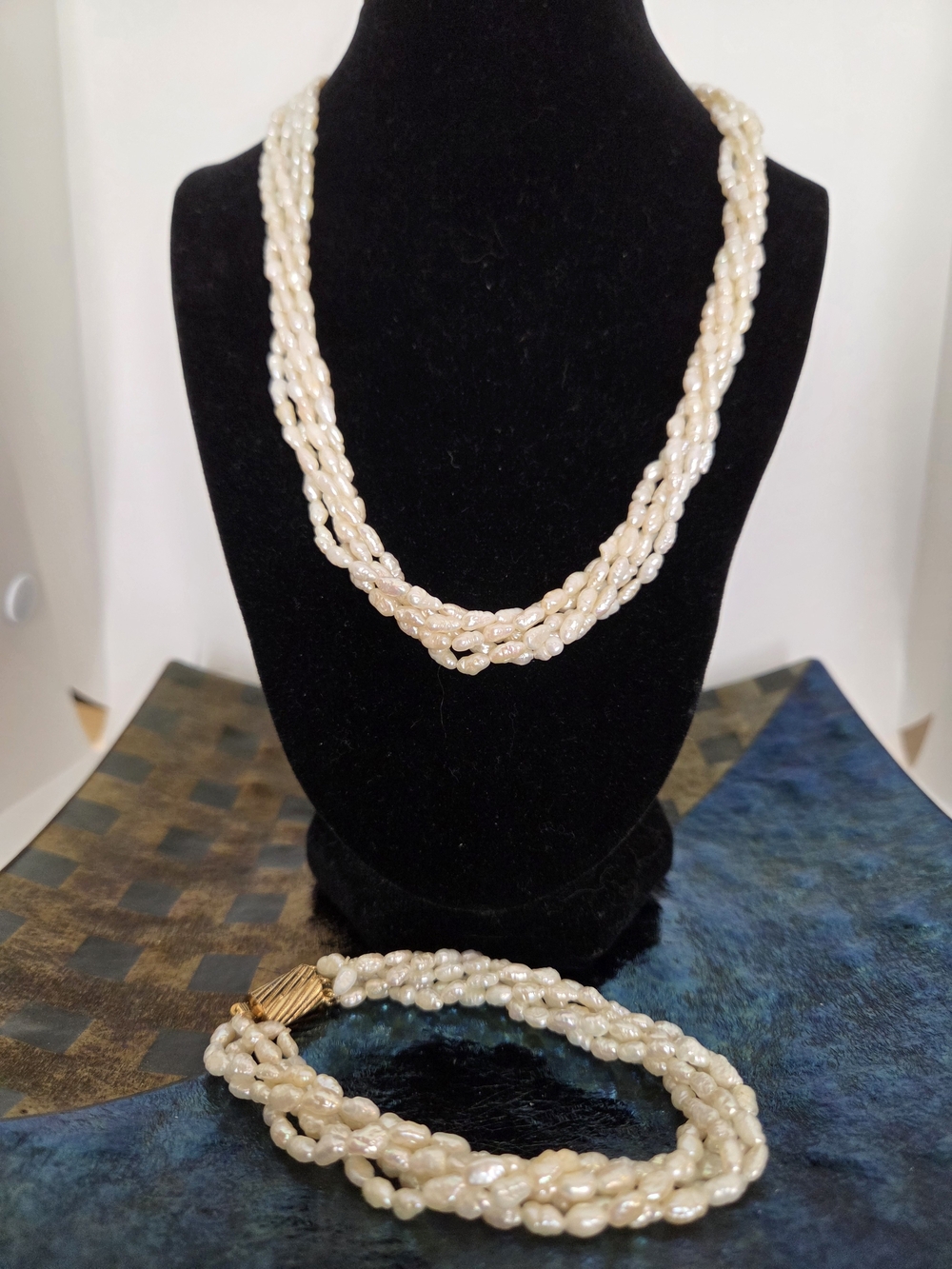 Twisted 5-strand Rice Pearl Necklace And Bracelet Set